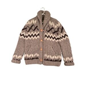 Hand Knit Cowichan Style Wool Cardigan Shawl Collar Grey Fair Isle Mens M/L VTG